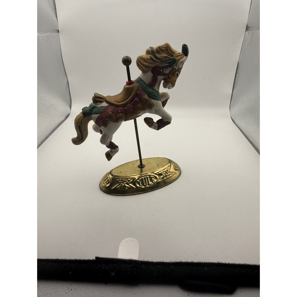 Vintage Ceramic Carousel Horse Figurine on Ornate Brass Tone Base White Gold
